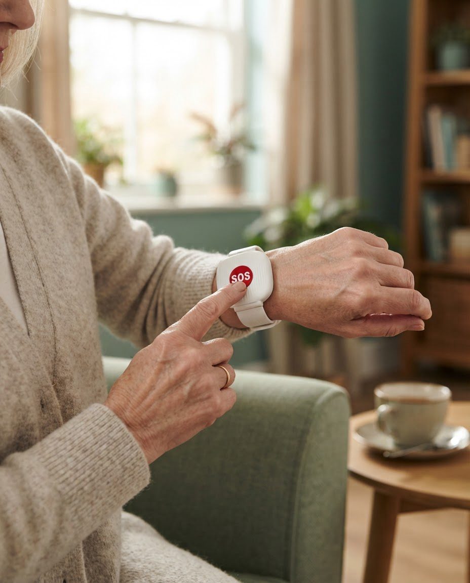 Pressing the red button on the Wellwrist wristband